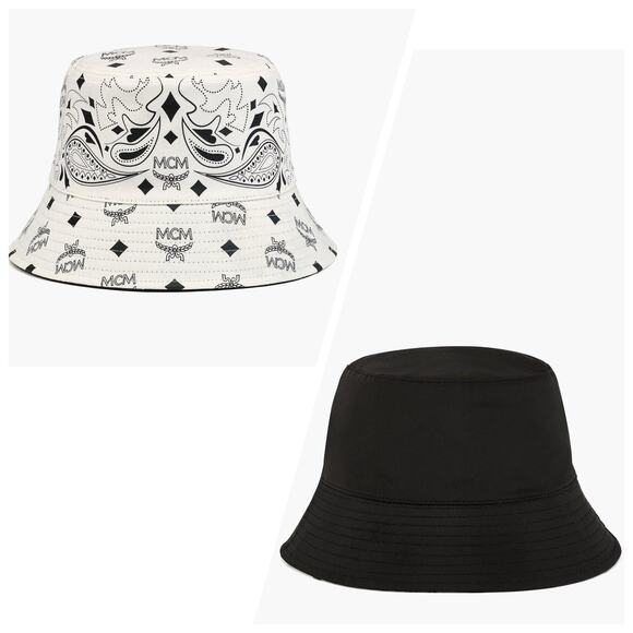 MCM White Visetos Monogram Bandana Print Logo Reversible Bucket Hat NWT $320 - Picture 2 of 10